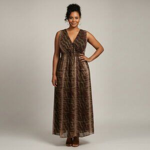 Brown V-Neck Sleeveless Maxi Dress with Tie Front